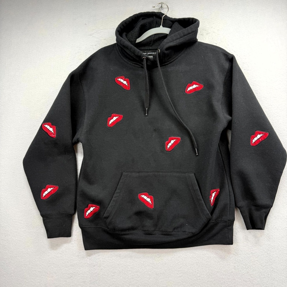 AQUA x Salvatore Rizza Hoodie Womens XS Black Red Embellished Lips Sweatshirt